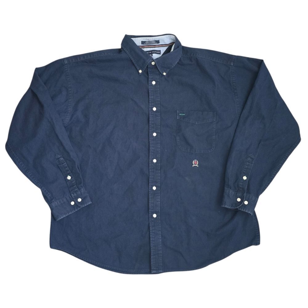 VTG Tommy Hilfiger Navy Button-Down Shirt Size XXL Crest Logo Long Sleeve Preppy